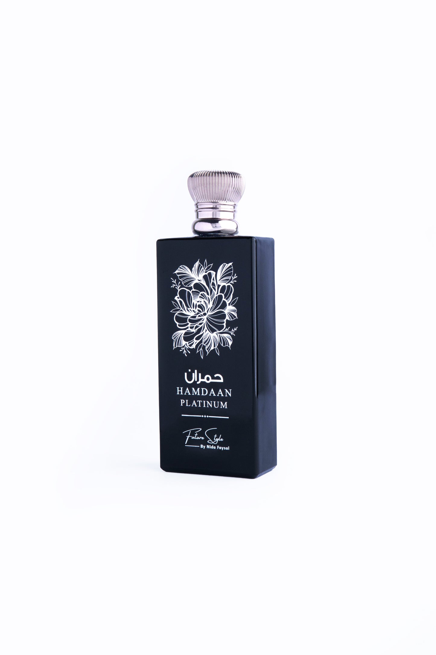 Hamdaan Platinum premium Arabian perfume bottle with metallic platinum finish, luxury fragrance by Future Style Perfumes UAE