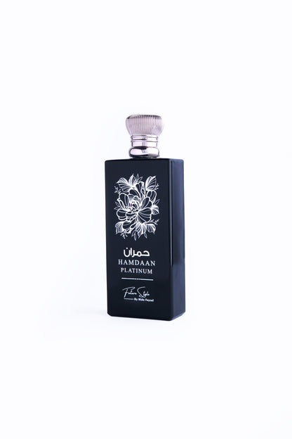 Hamdaan Platinum premium Arabian perfume bottle with metallic platinum finish, luxury fragrance by Future Style Perfumes UAE